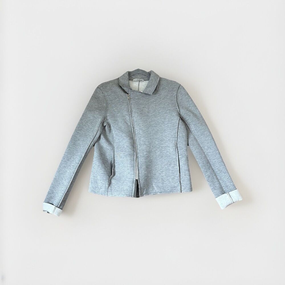 Lola & Sophie Gray Asymmetrical Zip Jacket Womens M Moto Style Stretch Knit Scub